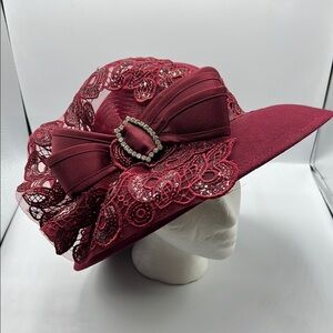 Mr.HI’s Vintage Red Wide-Brimmed Hat with Lace and Bow